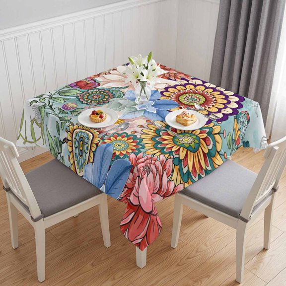 Boho Floral Table Cloth Waterproof Tablecloths, Spring Vintage Abstract Art Flowers Tablecloth Dining Table Cover for Kitchen Party Tabletop Outdoor, Square Tablecloth 60x60 Inch