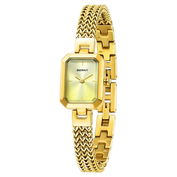 BERNY Gold Watches for Women, Small Dressy Ladies Watches with Stainless Steel Detachable Bracelet, Rectangular Case, Beveled Glass, Quartz Movement, Minimalist Women Wristwatch, Gold