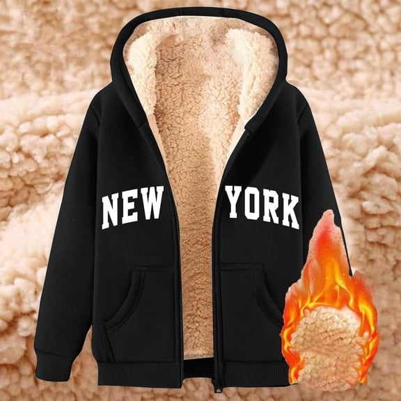 New York Zip Up Hoodies for Women 2026 Fall Winter Fleece Lined Sweatshirt with Pockets Streetwear Hooded Jackets