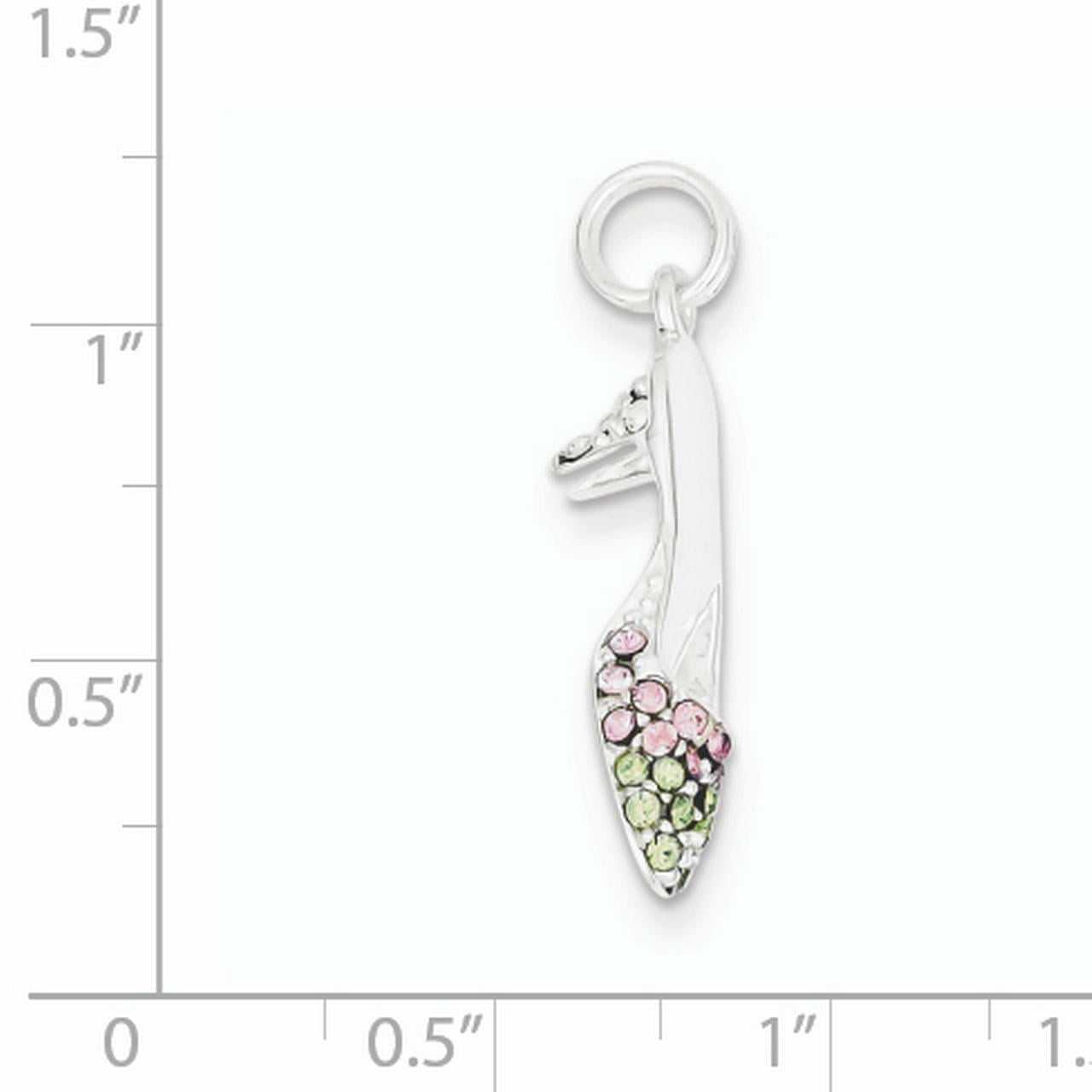Solid 925 Sterling Silver Pink & Green CZ Cubic Zirconia High Heel Shoe Pendant Charm 7mm x 25mm