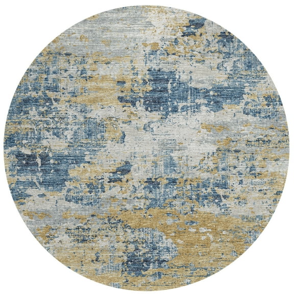 Addison Rugs Indoor/ Outdoor Accord Modern Brushstrokes Polyester Washable Rug New 8' x 8' Round - Navy Gold Grey