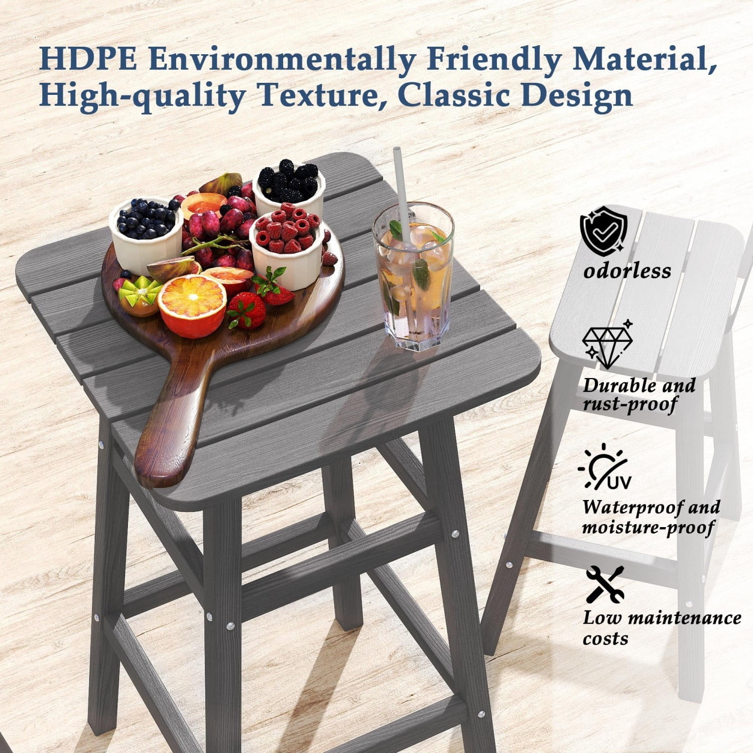 3 Piece Outdoor Counter Height Bar Table Set, 42" Bistro Pub Table with 2 Stools, HDPE Weather Resistant Patio Furniture Set, Gray
