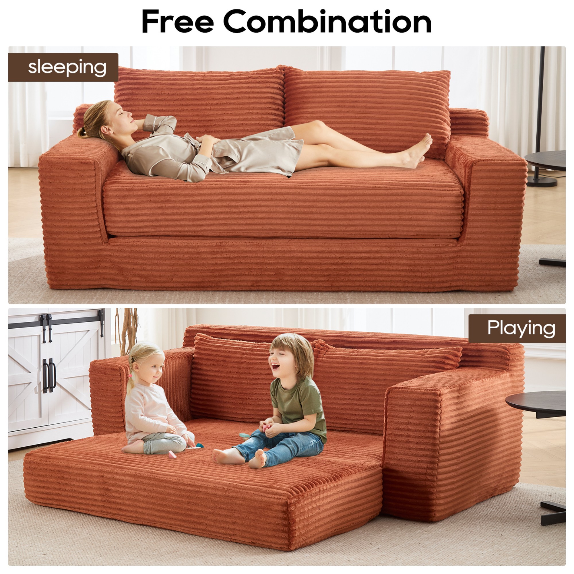 Convertible Sofa Bed,Compression Sofa,Corduroy Fabric Loveseat Sofa Floor Sofa Bed for Small Spaces, Apartments,No Assembly,Orange