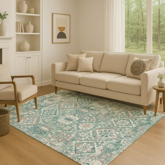 Addison Rugs Mayfield Premium Machine Washable Traditional Global Seafoam Rectangle Rug, 10' x 14'