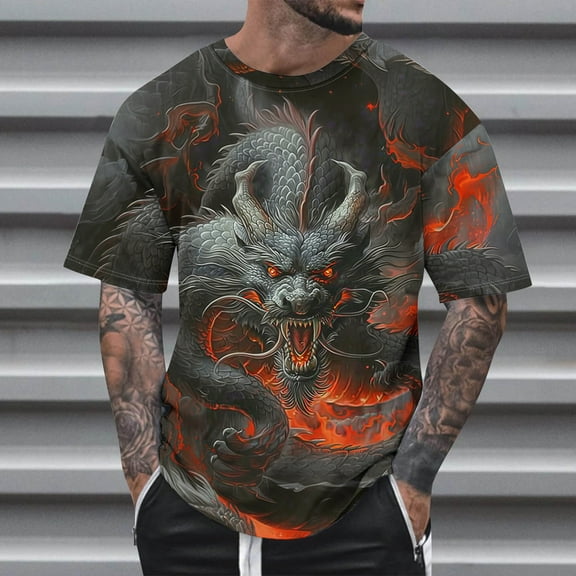 Tejiojio Summer Fashion Casual Men's Round Neck Printed T-shirt Top Moisture Wicking Performance Short Sleeve