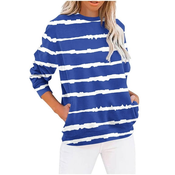 Uootdi Women's Striped Sweatshirt Crew Neck Long Sleeve Loose Fit Casual Fall Winter Top with Pocket Trendy Comfy Pullover Blue Women Tops