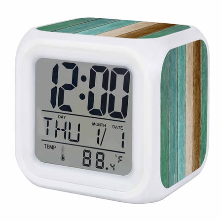 Alarm Clocks Turquoise Wood Grain Digital Clock 7 Color LED Night Light Silent Non-Ticking Battery Operated Brown Wooden Plank Cube Clocks Decorative for Bedroom Bedside Living Room Office School
