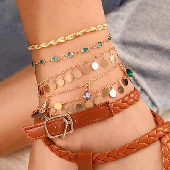 Bohemia Disc Crystal Tassel Anklet Set 5Pcs Multicolor Teardrop Crystal Foot Chain Beaded Braided String Ankle Bracelet Boho Beach Jewelry for Women