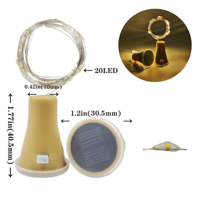 Paquete de 10 luces solares para botellas de vino, 20 luces LED de alambre plateado con corcho, luces de hadas impermeables para botellas de licor, manualidades, fiestas y bodas