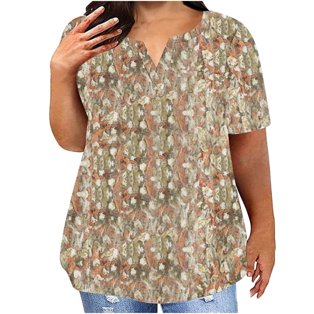 Camisetas Casuales de las Mujeres Largo Casual Impreso Cuello Redondo Suelto Top, Camiseta de Verano de Manga Corta