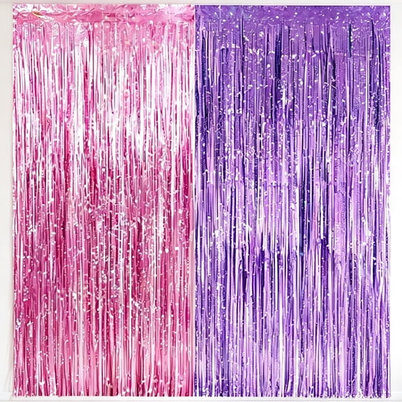 Jacone 2 Pack 3.3×6.6ft Tinsel Foil Fringe Curtains Backdrop, Laser Pink and Purple Sparkle Metallic Foil Curtains for Party Photo Booth Props Decorations Girls Party Supplies