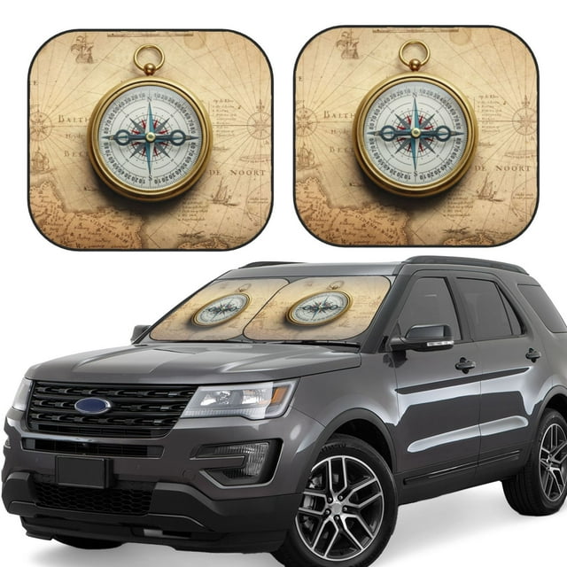 Saiise Magnetic Old Compass On World Map for Foldable Car Sun Shades (2-Pack) Offer Sun Protection with an Easy-fold Design for Convenient Windshield Shading-Medium