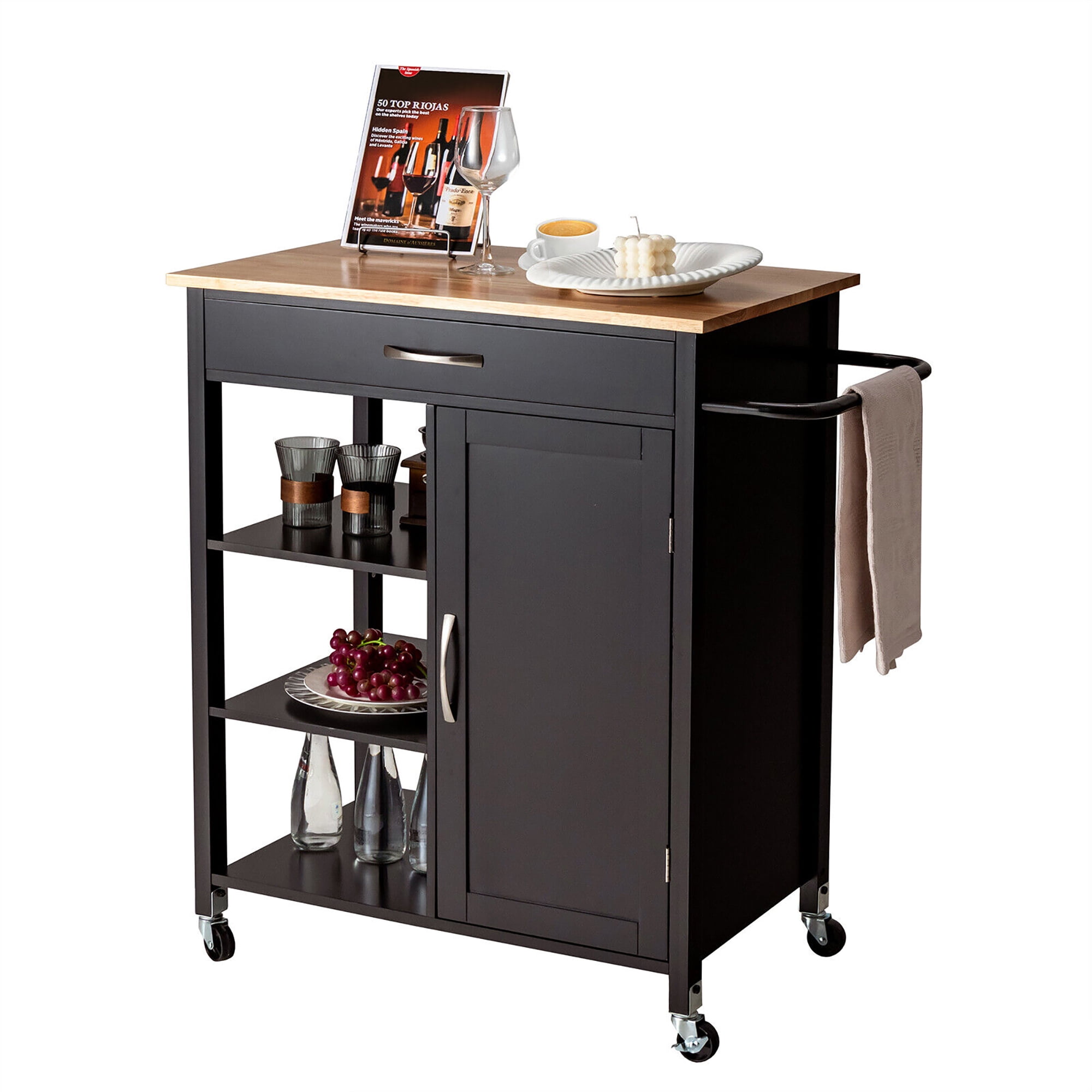 Gymax Mobile Kitchen Island Cart Serving Utility Trolley Drawer Shelf Towel Rack Brown