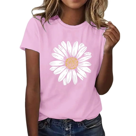 Tshirts for Women Floral Print Round Neck Short Sleeve T-Shirt Sunflower Theme Womens Tees Pink L