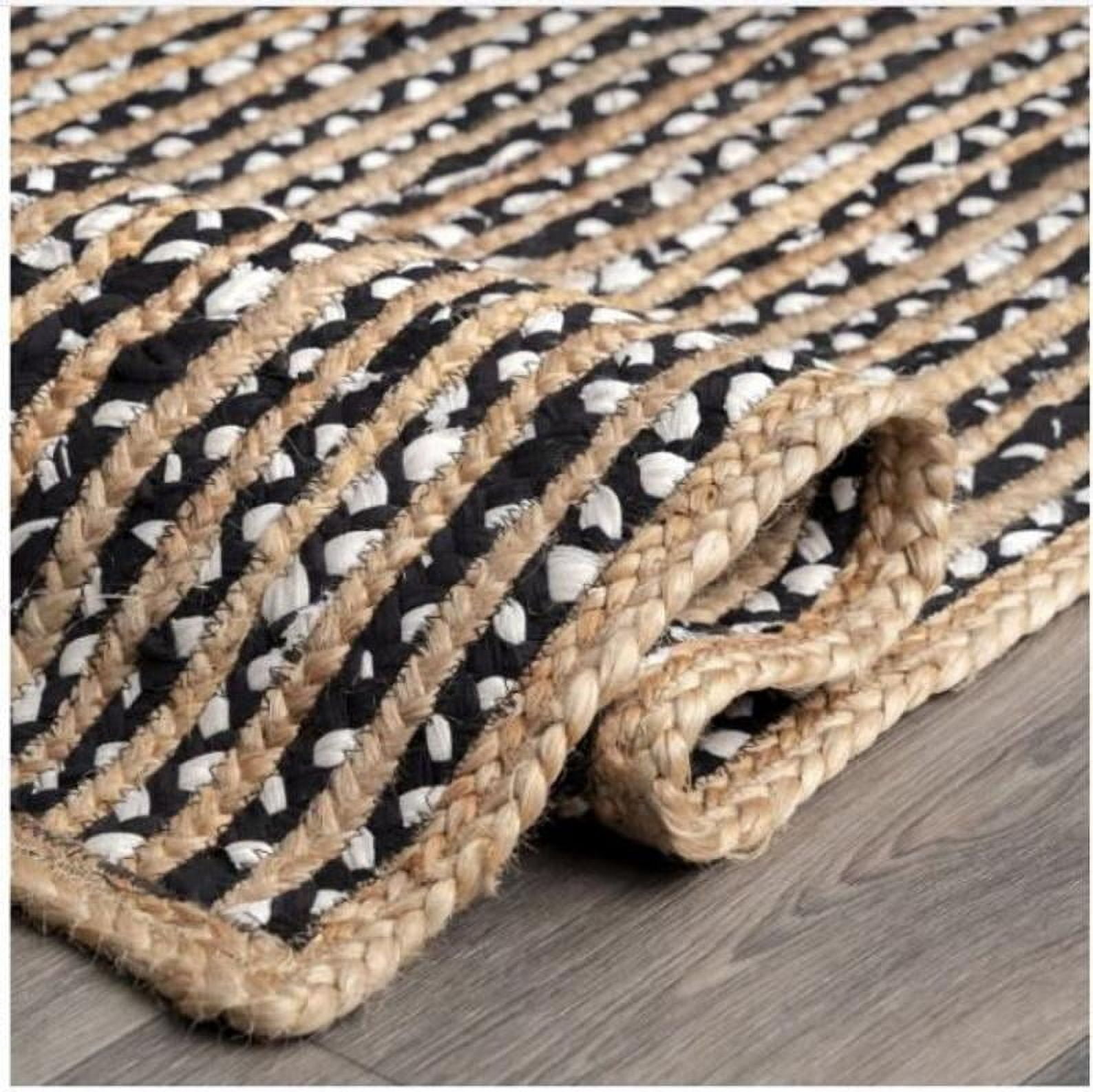 Indian Handmade Braided Black & White Cotton with Natural Jute Area Rugs , Floor Decor Carpet Size 4 x 6 Feet ( 120 cm x 180 cm )