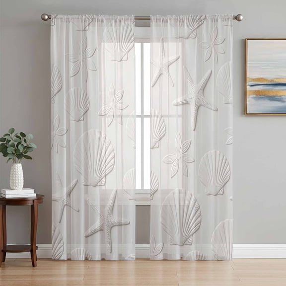 Ocean Starfish Seashell Sheer Curtains 72 Inch Length 2 Panels Set, Summer Marine Life Floral White Voile Window Treatment Rod Pocket Curtains Sheers Drapes for Bedroom/Living Room/Kitchen 52"x72"x2