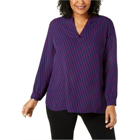 Anne Klein Womens Oblique Stripe Pullover Blouse, Blue, 3X