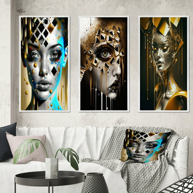 Designart "Elegant Forms Woman s Essence III" Modern Woman Framed Wall Art Set Of 3 - Gold Woman Abstract Frame Gallery Wall Set For Home Decor