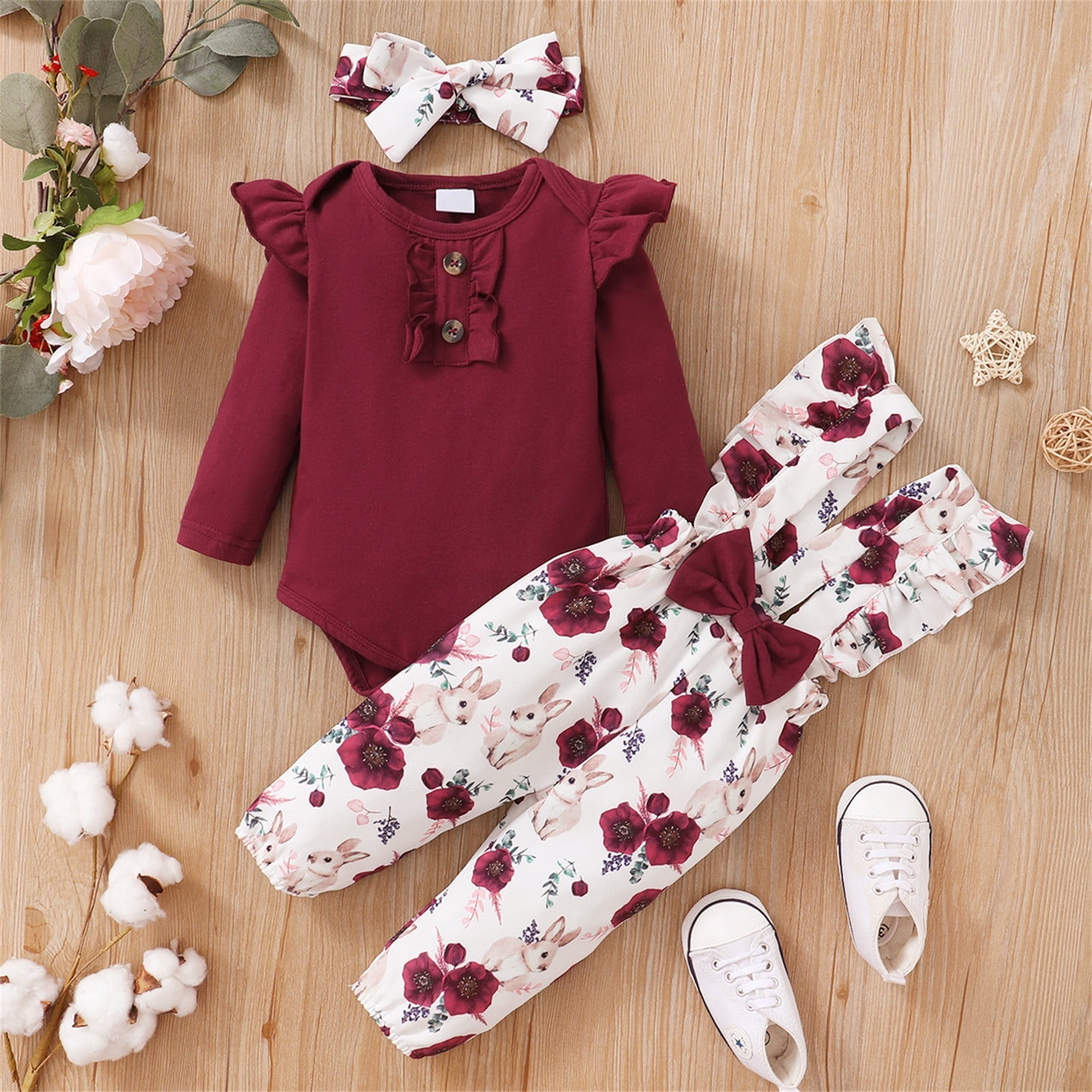 Clothes Set For Toddler Baby Girl Baby Girls Long Ruffled Sleeve Solid Romper Tops Flower Print Suspender Pant With Headbands 3Pcs A Casual Toddler Girl Outfits 6 Months-9 Months