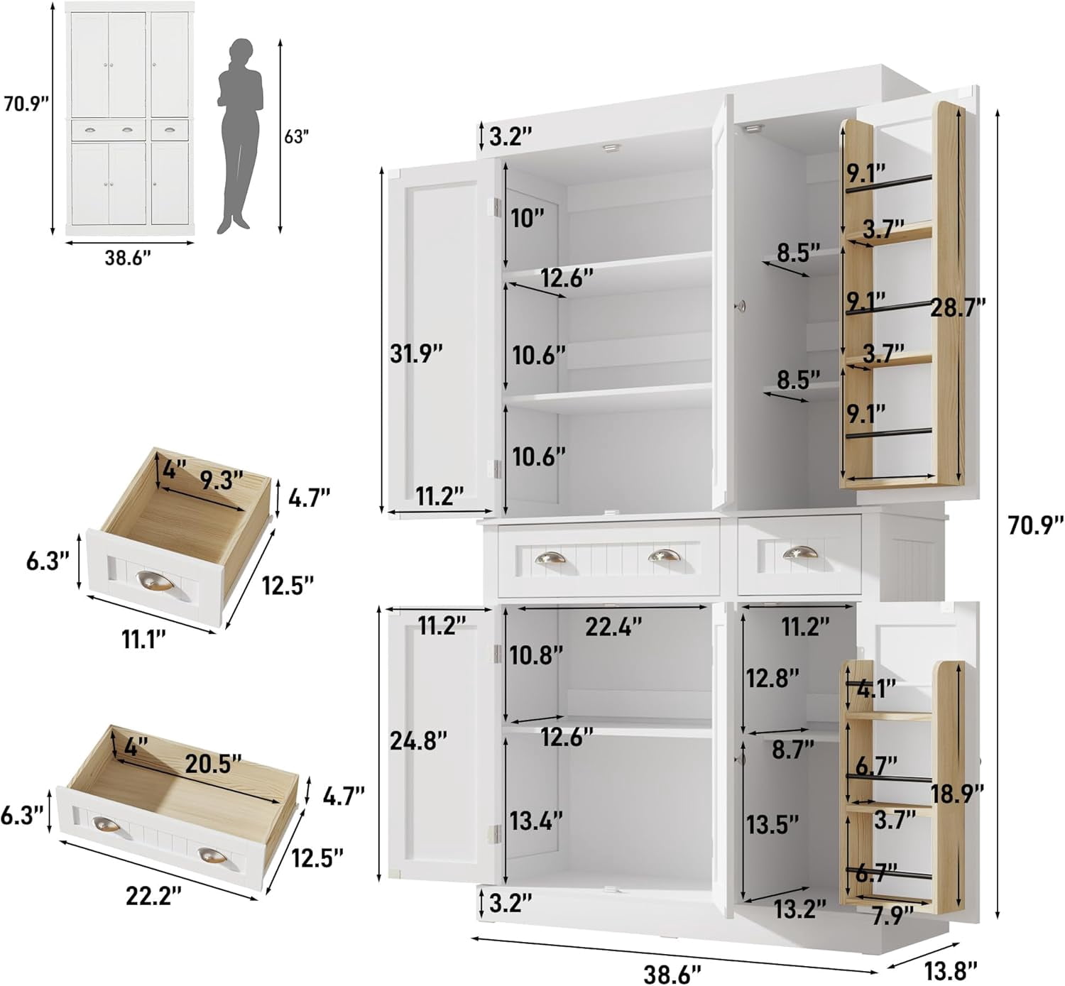 ChVans 71" Tall Kitchen Pantry with 6 Doors, Storage Cabinet with 2 Large Drawer 6 Hanging Shelves, Freestanding Cupboard for Dining Room Living Room