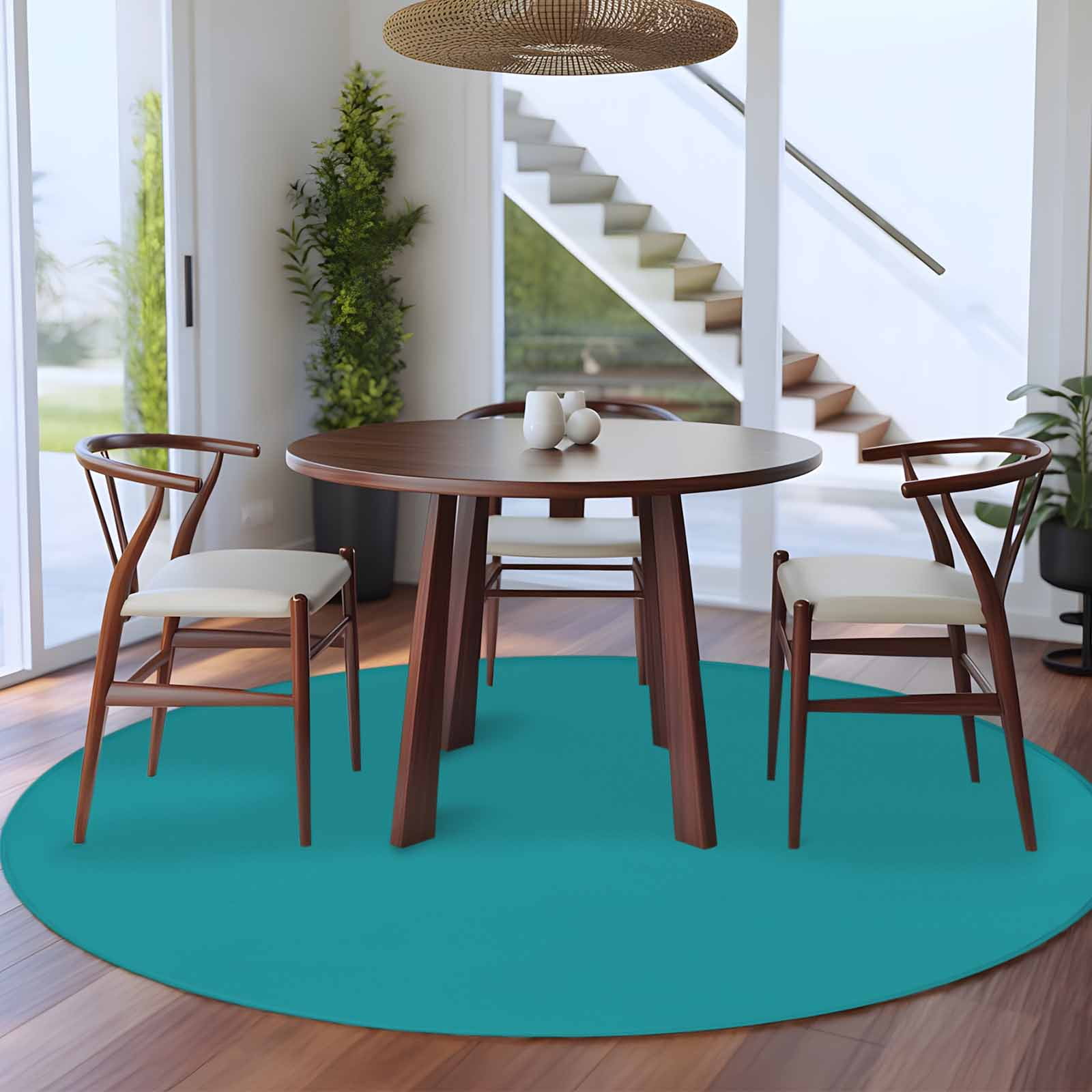 Teal 7ft Round Rug, Farmhouse Solid Turquoise Color Modern Art Non-Skid Rubber Backing Large Area Rugs - Living Room Bedroom Home Office, Indoor Floor Mat Carpets Washable Rug
