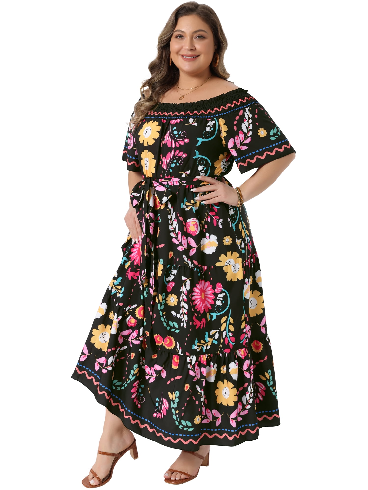 DARING DIVA Women's Plus Elastic Square Neck and Off Shoulder Dress 1X Black