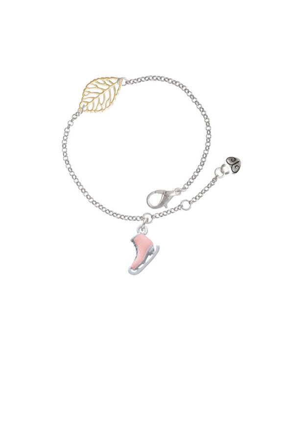 Silvertone 3-D Pink Ice Skate - Goldtone Leaf Delicate Bracelet, 6.25+1.75"