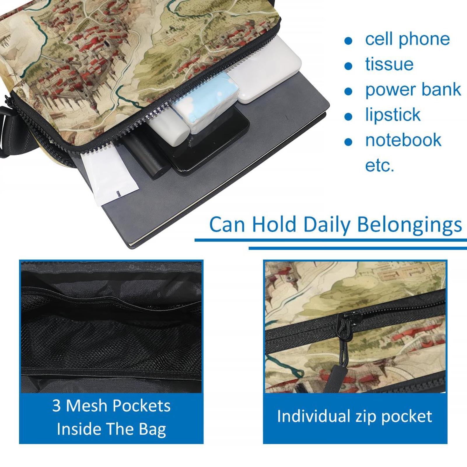 Map section Lightweight Adjustable Sling Bag with Extension Strap - Unisex Waist Packs Waist Bags