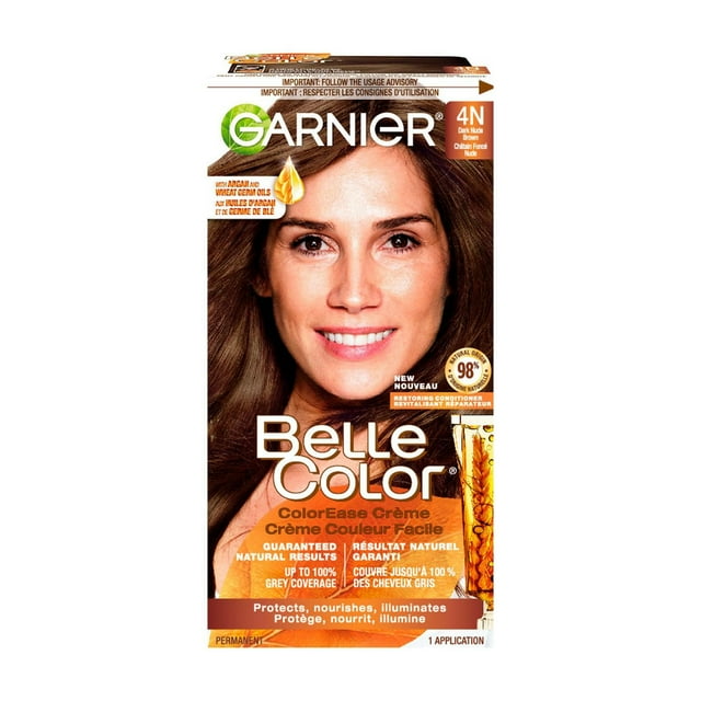 Garnier Belle Color Permanent Hair Dye, 4N Dark Nude Brown, 100% Grey Coverage, Enriched with Argan Oil and Wheat Germ Oils - 1 Application