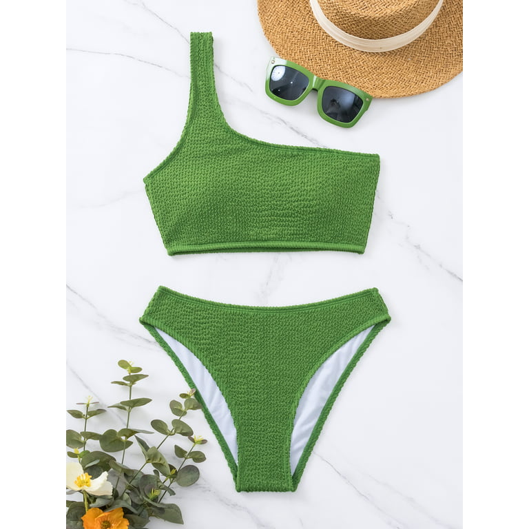 SEARIPE Women Textured One Shoulder High Waisted Bikini Swimsuit Army Green  L