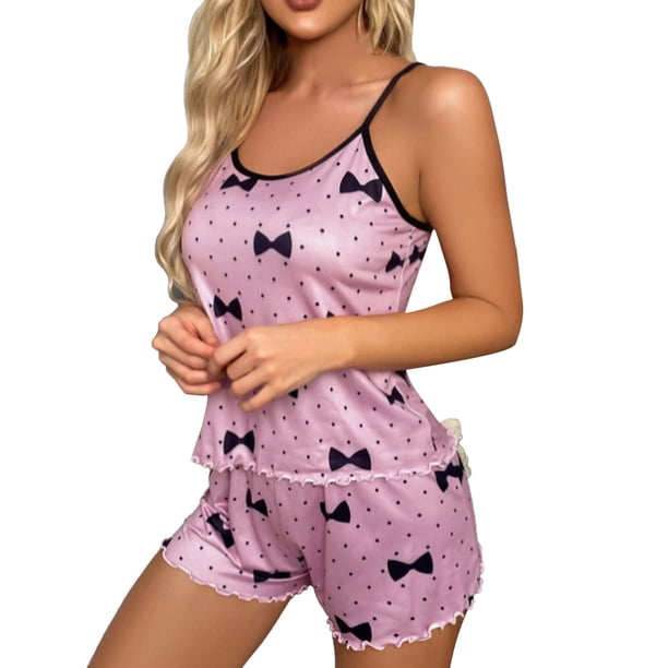 Gibobby suelta y esponjosa Ropa de dormir con estampado de pajarita para mujer, conjunto de pantalones cortos sin mangas de realce Sexy de dos piezas, ropa interior Sexy, traje de dormir (Morado, S)