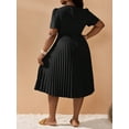 thumbnail image 2 of Plus Size Women's Solid Color Short Puff Sleeve Pleated Hem Dress Coffee Brown Casual Dress, 2 of 12