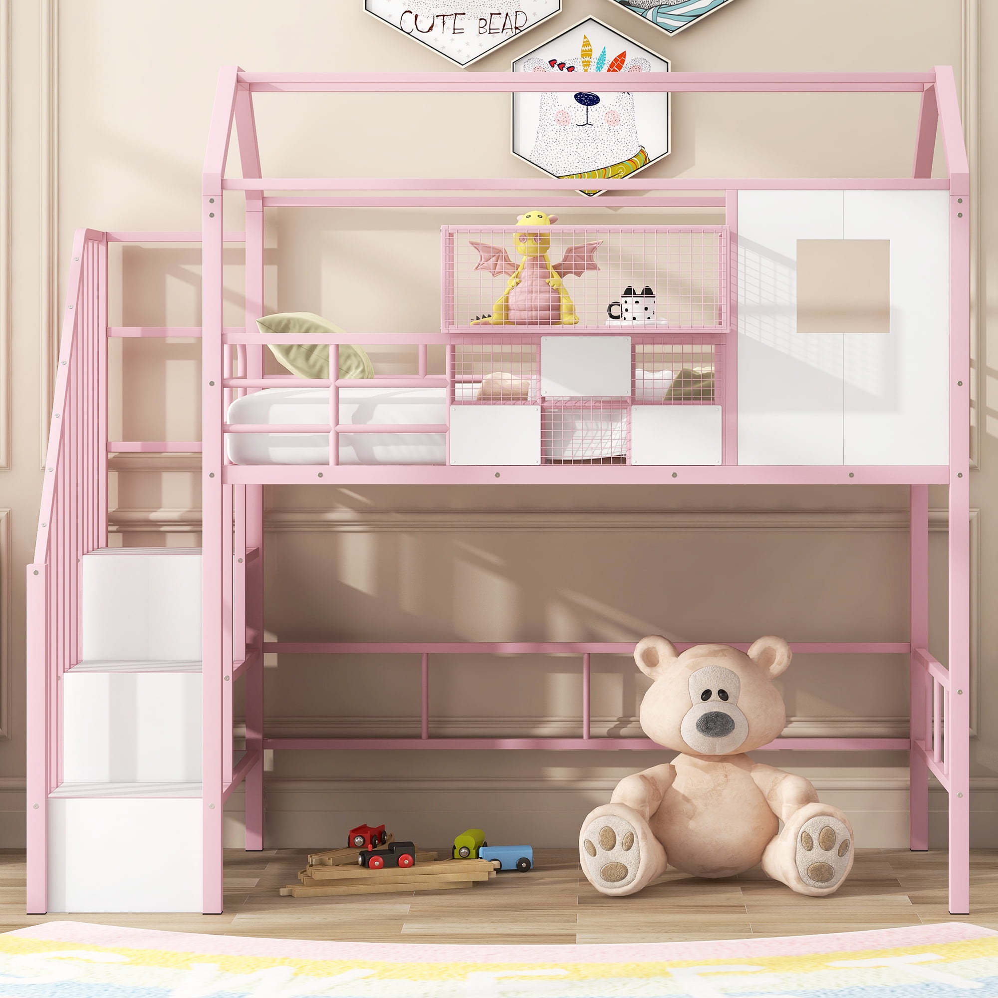 Yoneston Twin Size Loft Bed with Stairs and Storage Box, Heavy Duty Metal Loft Bed with Roof Design for Kids Teens, Pink
