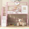 thumbnail image 4 of Yoneston Twin Size Loft Bed with Stairs and Storage Box, Heavy Duty Metal Loft Bed with Roof Design for Kids Teens, Pink, 4 of 12