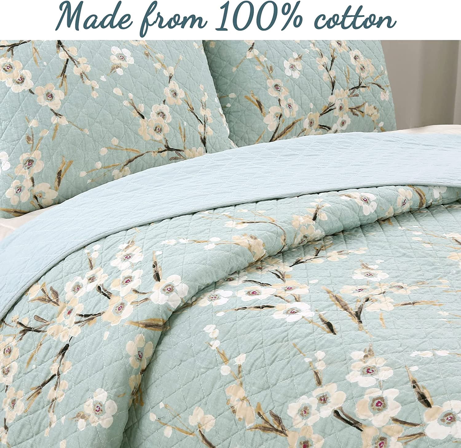 Cozy Line Home Fashions Sky Blue Floral Cotton Quilt, King - Reversible