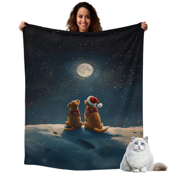 Throw Blanket for Couch, Christmas Moon Night Dog Lover Soft Cozy Warm Flannel Blanket 40x50in, Winter Lightweight Fleece Throw Blankets for Sofa Bedroom Office All Season Use