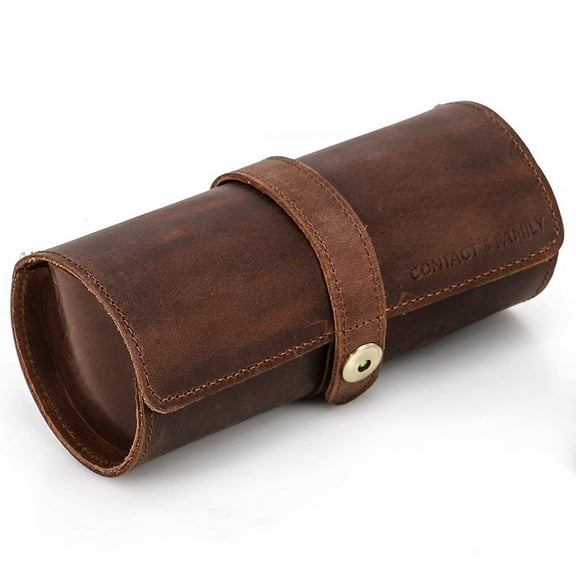 Handmade Leather Watch Roll Case – 3 Watch Capacity, Round Shape with Buckle, Outdoor Travel Storage for Watches