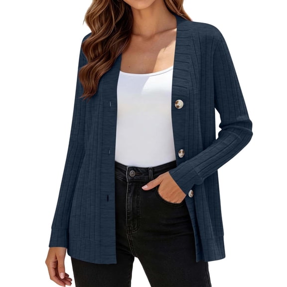 Sahpxhe Lightweight Cardigans Sweaters for Women Soft Button Down Long Sleeve Cozy Ribbed Knit Layering Casual Relaxed Outerwear Navy L
