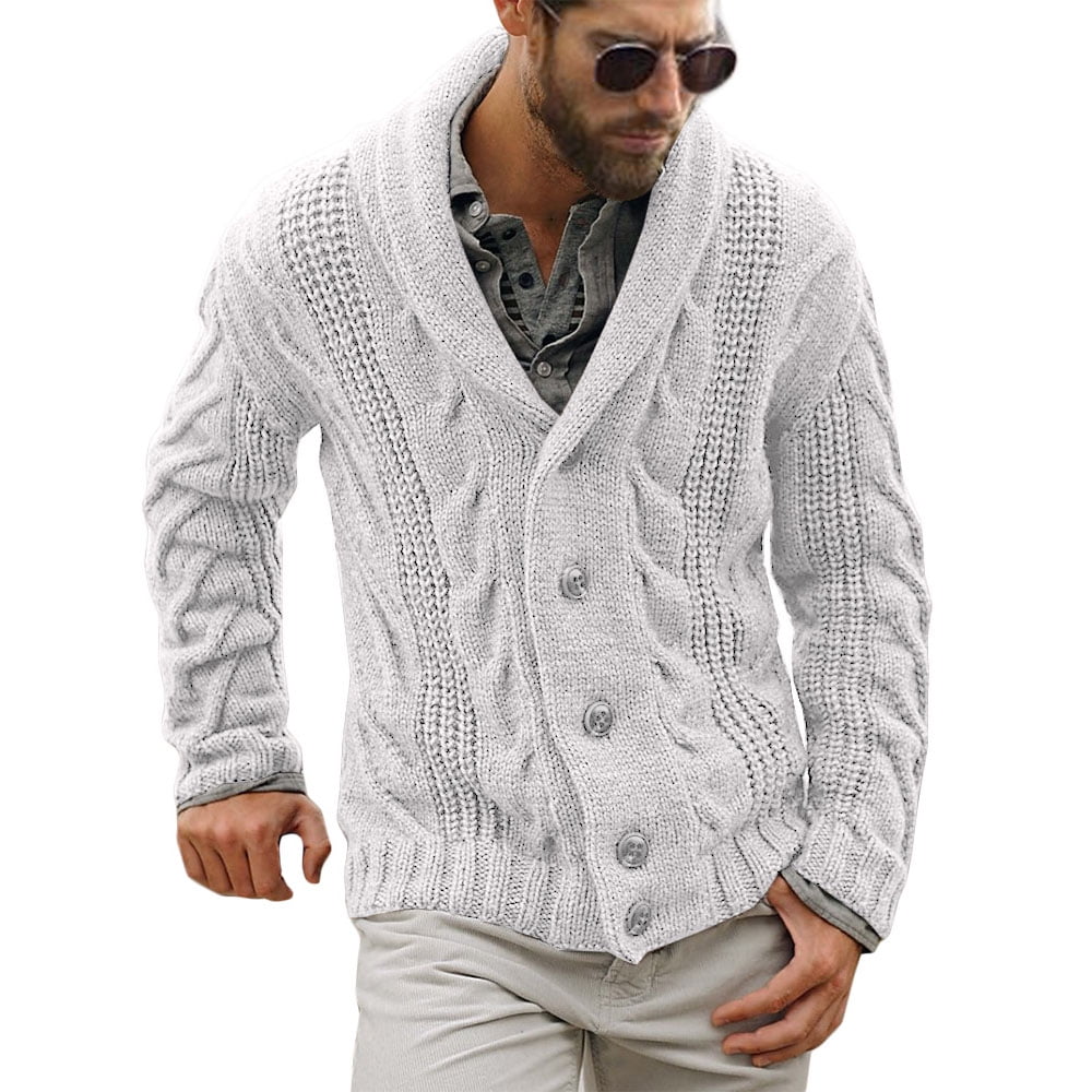 Coutgo Men's Winter Cable Knit Cardigan Sweater Shawl Collar Loose Long ...
