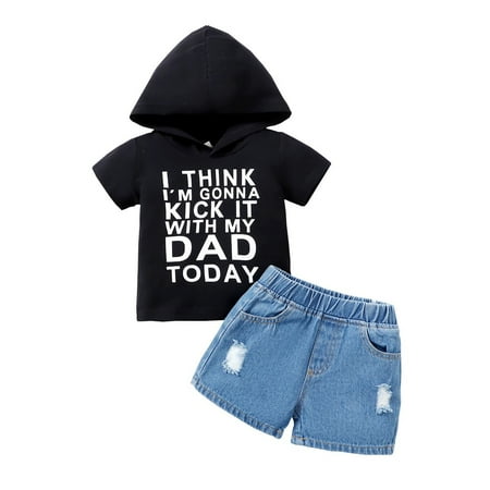 9 Months Infant Baby Boys Clothes 12 Months Infant Boys Summer 2PCS Outfits Letter Print Short Sleeve Hooded Shirt Top Denim Shorts Set Black