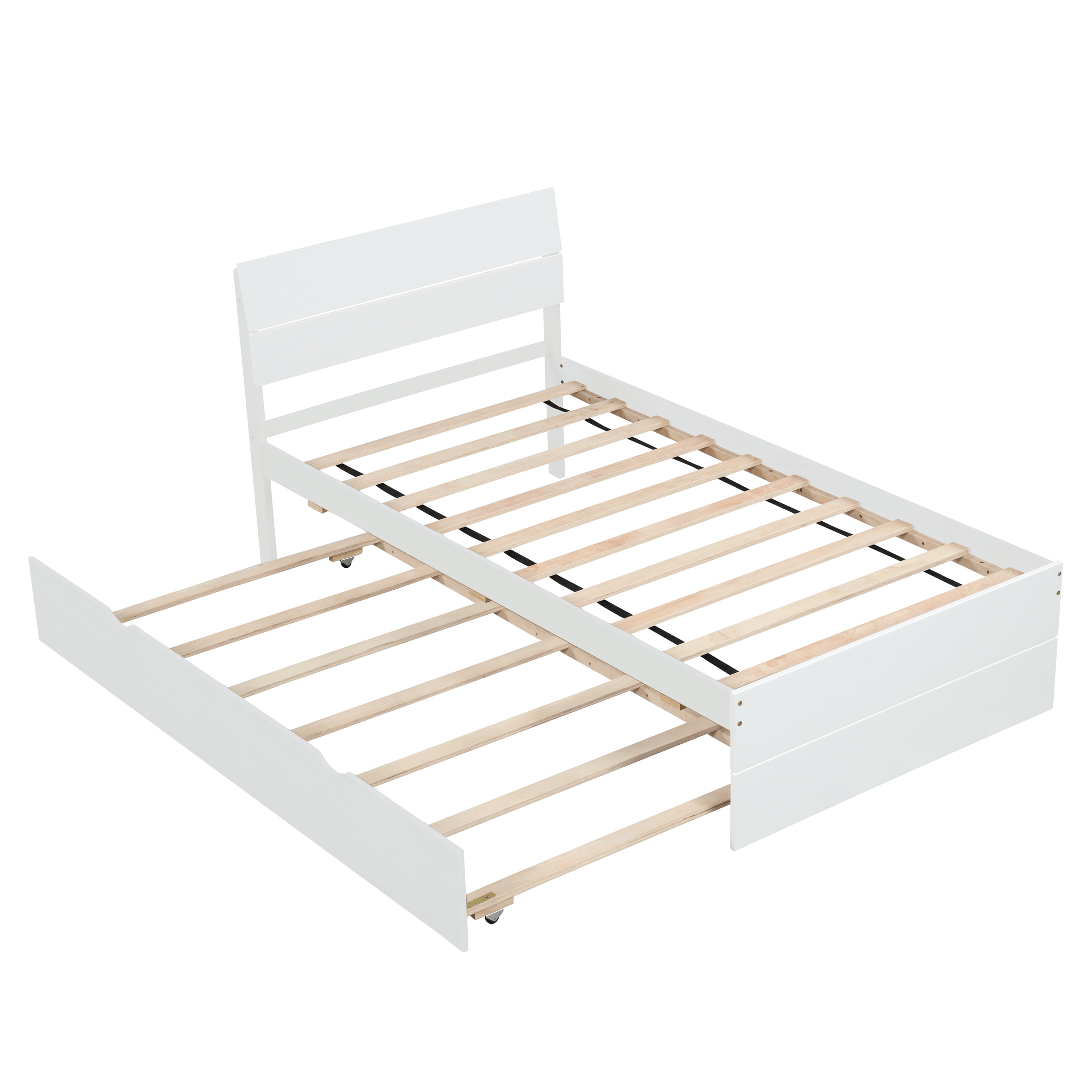Miniyam Twin Size Platform Bed Frame with Trundle for Kids and Teens, Space-Saving, White