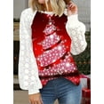 thumbnail image 3 of Plus Size Christmas T-shirt, Women's Plus Christmas Reindeer & Slogan Print Contrast Lace Long Sleeve Round Neck Slight Stretch T-shirt, 3 of 5