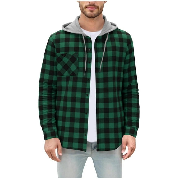 ZCFZJW Men's Flannel Hoodie Plaid Shirt Casual Long Sleeve Splicing Drawstring Button Down Hooded T-Shirts Jacket Lightweight Fall Spring Shacket Green M