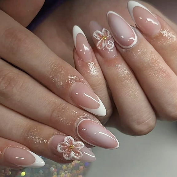 KUFptva Almond Press on Nails Glossy Fake Nails Stick on Nails in 12 Sizes 24Pcs French Nails Tips for Nails Art Decorations