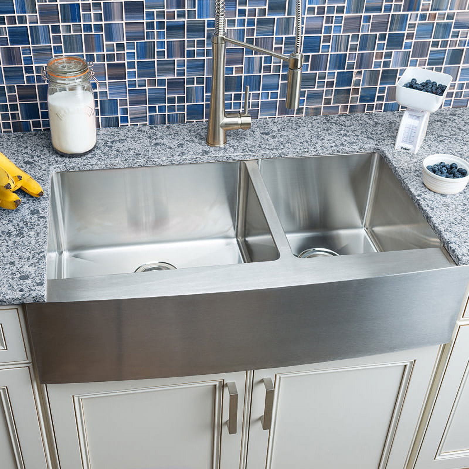 Miseno MNO163620F6040 36 in. Farmhouse Double Basin Stainless Steel Kitchen Sink with Apron Front 60-40 Split Drain Assemblies & Fitted Basin Rack