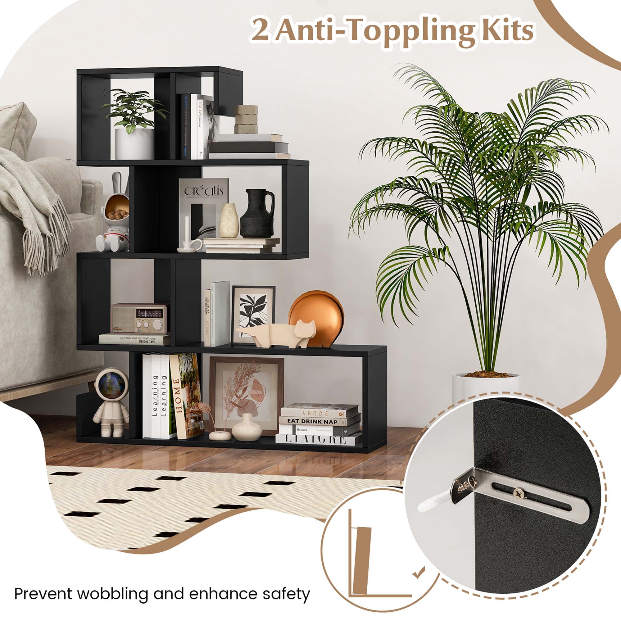 Costway 1 PCS 5-Tier S-Shaped Bookshelf with Open Cubes Anti-Toppling Kits Freestanding Bookcase
