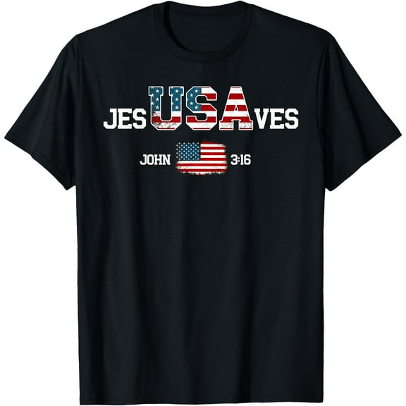 Jesus Saves USA American Flag Patriotic Christian 4th July T-Shirt,Black