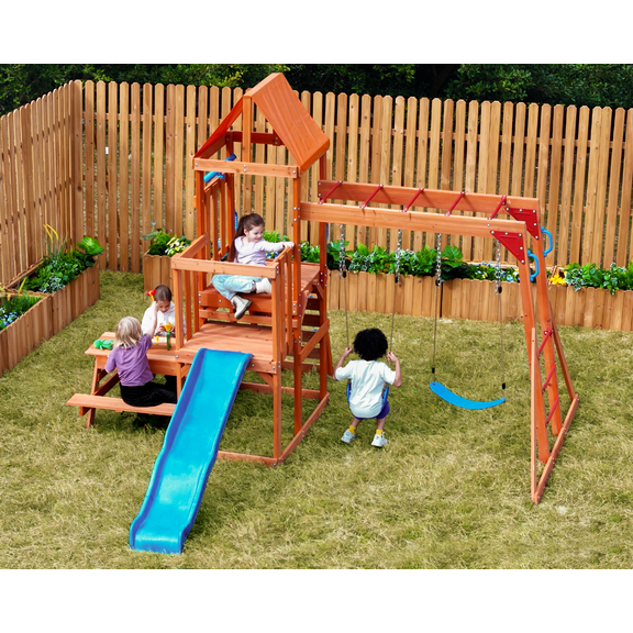 Dolphin Playground Heavy-Duty Cedar Wooden Backyard Swing Set with Monkey Bars, 6 ft Wave Slide, Climbing Wall & 2-in-1 Picnic/Sand Table