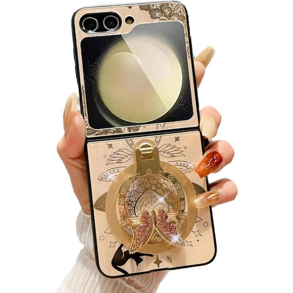 for Samsung Galaxy Z Flip 7 FE/Flip 6 Magnetic Kickstand Case, Cute Glitter Bling Lace Cat Rhinestones Butterfly Ring Stand (Compatible with Magsafe) Woman Phone Case for Z Flip 6 5G (Gold)