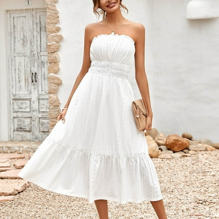 

NILLLY Dress for Women Ladies Casual Sexy Solid Color Corset The Chest And Waist Slim Long Dress White / M